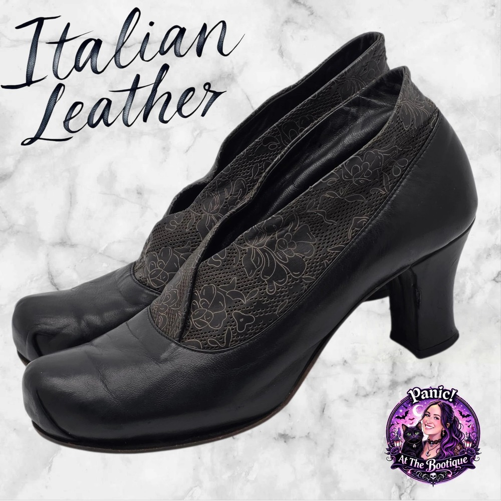 IXOS Leather Floral Heels Womens 38.5 Vero Cuoio Black Italian Made Unique Artsy